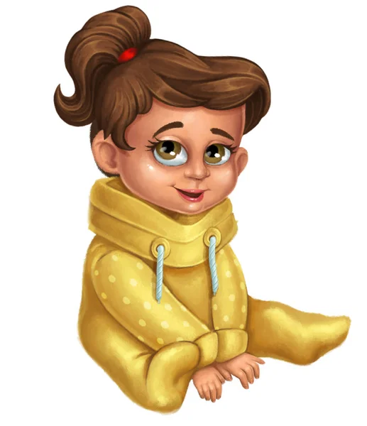 Een Vrolijk Kind Zittend Stoel Glimlachend Klein Meisje Geel Kostuum — Stockfoto