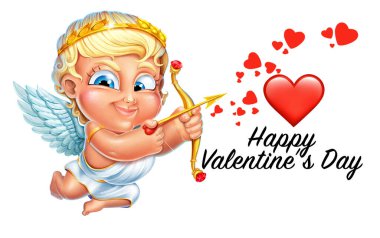 Beyaz arka planda izole edilmiş neşeli aşk tanrısı tasviri. Kanatlı ve kafasında altın defne çelengi olan karikatür meleği çizimi. Sevgililer Günü 'nde Aşk Tanrısı karakterinin detaylı bir çizimi