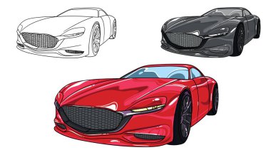 Bir spor araba tasviri. Kullanımı kolay, düzenlenebilir ve katmanlı. Beyaz arkaplanda izole edilmiş vektör ayrıntılı kas arabası, çizim otomobil