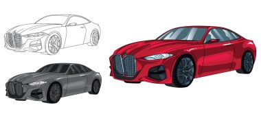 Bir spor araba tasviri. Kullanımı kolay, düzenlenebilir ve katmanlı. Beyaz arkaplanda izole edilmiş vektör ayrıntılı kas arabası, çizim otomobil