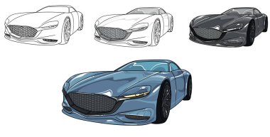 Bir spor araba tasviri. Kullanımı kolay, düzenlenebilir ve katmanlı. Beyaz arkaplanda izole edilmiş vektör ayrıntılı kas arabası, çizim otomobil