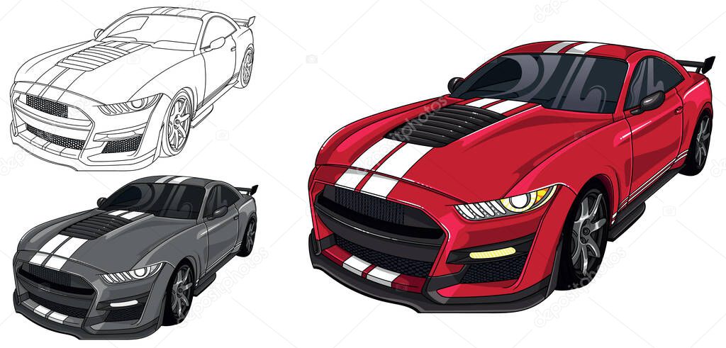 Illustration of a sports car. Easy to use, editable and layered. Vector detailed muscle car isolated on white background, sketch automobile