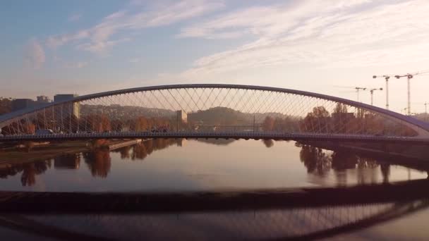 Aerial top view of modern bridge with riding cars over the River Vltava at Prague. — Stock Video