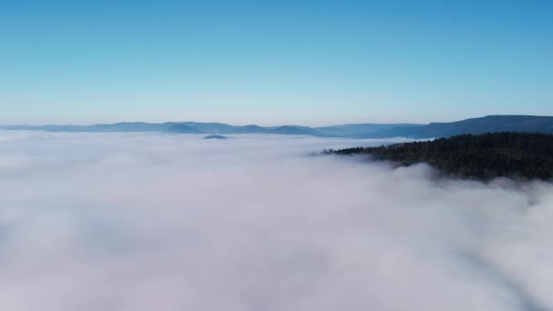 Góry wśród chmur pod błękitnym niebem, wschód słońca w narodowym parku krajobrazowym w Czechach. — Wideo stockowe
