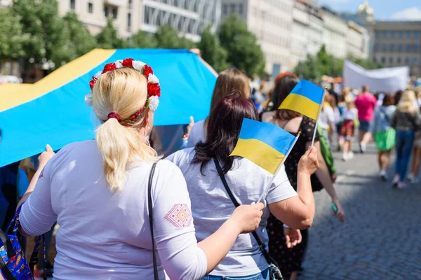 stock image Prague, Czech Republic. An action in support of Ukraine and gratitude to the Czech Republic for their help.. Parade of Ukrainian embroidered shirts in the Czech Republic. 23.05.2022