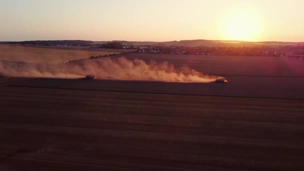 Aerial View Two Modern Harvesters Working Field Combines Harvest Wheat — Stock Video