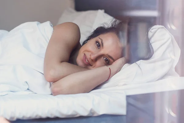 Charming Young Woman Awakes Her Comfortable Bed Fully Rested Woman — ストック写真