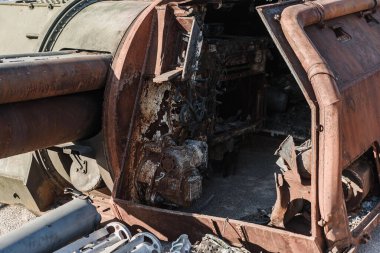 Destroyed russian military machines and equipments during russian invasion of Ukraine in 2022. Exhibition of destroyed russian military equipments in Europe.