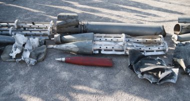 Remains of destroyed russian missiles on the exhibition in the centre Europe. Consequences of the russian terrorists invasion of Ukraine.