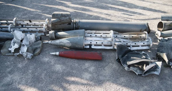 Remains of destroyed russian missiles on the exhibition in the centre Europe. Consequences of the russian terrorists invasion of Ukraine.