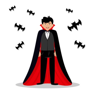 Mutlu adamlar cadılar bayramını kutlar Dracula vampir kostümü giyer pelerinli