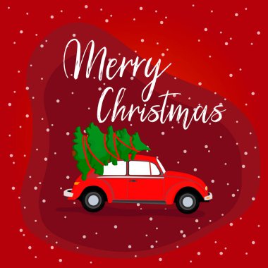Noel arifesinde rafında Noel ağacı taşıyan küçük klasik kırmızı bir araba ile harika bir düz vektör tasarımı. Noel kartları, posterler, afişler ve diğer grafikler için ideal