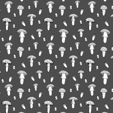 Amanita mantarı dikişsiz desen tasarımı - yeşil arka planda beyaz noktalı şirin kırmızı mantarlar