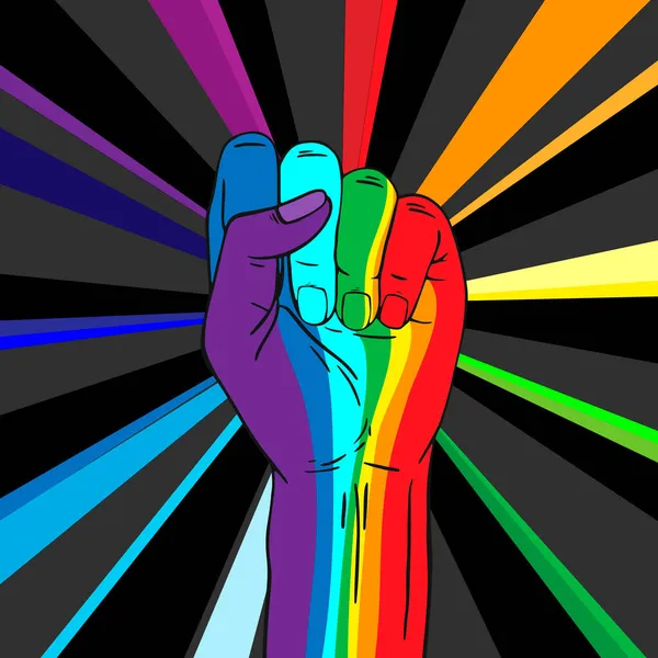 Rainbow Colored Hand With a Fist Raised Up On the Background — Stock Vector