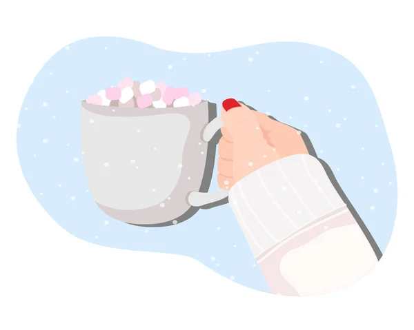 Mani femminili in maglione di lana con una tazza di caffè a forma di cuore. Mi piace il caffe '. Vista dall'alto. Illustrazione dello stock vettoriale piatto. — Vettoriale Stock
