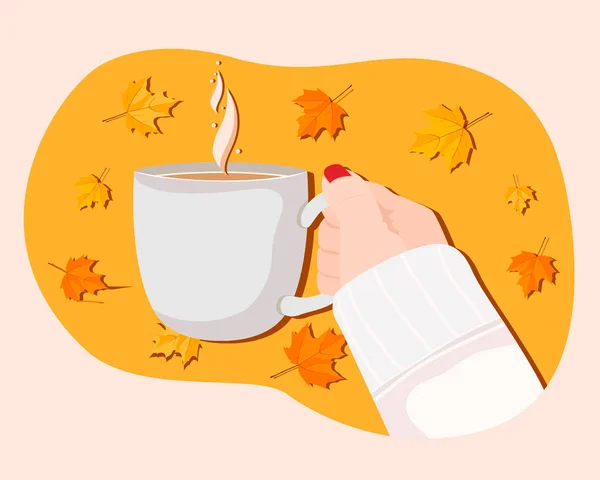 Векторная иллюстрация два друга пьют кофе. Перерыв на чаепитие, кружка чая, вид сверху стола в кафе. Женская дружба осенью. Дружественная поддержка в трудные времена, женская кофейня — стоковый вектор