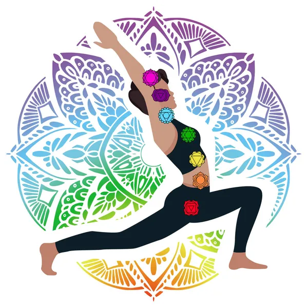 Femeia care meditează pozează în lotus. Ilustrație yoga. 7 chakre colorate și strălucire de aură. — Vector de stoc