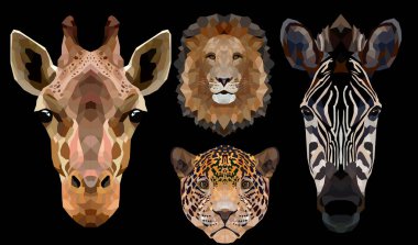 Düşük polivektör hayvanlar kümesi: aslan, zebra, zürafa, siyah arka planda jaguar. Soyut çokgen geometrik çizim. Bir grup çokgen Afrikalı hayvan simgesi.