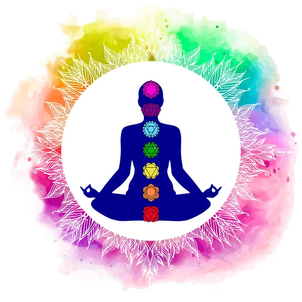 Siete chakras sobre la silueta del hombre yogui meditante — Vector de stock
