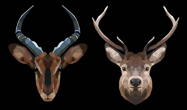 Ensemble d'animaux vecteurs poly bas : impala et cerfs sur fond noir. Illustration géométrique polygonale abstraite. Ensemble d'icônes d'animaux polygonaux. — Image vectorielle