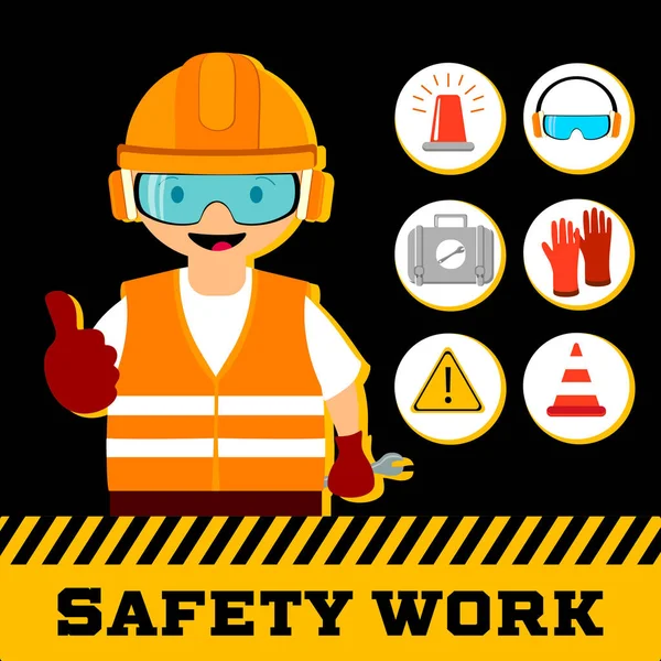 Trabajadores de la construcción reparador pulgar hacia arriba, la seguridad en primer lugar, señales de advertencia de salud y seguridad — Vector de stock