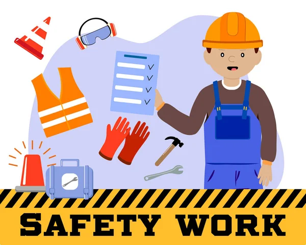 Worker wearing hard hat, safety gloves, glasses, high visibility vest, work clothing and safety boots. Worker on safety inspection with check-list. — Stock Vector