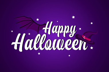 Mutlu Cadılar Bayramı vektör harfleri. Tatil posteri, tebrik kartı, parti davetiyesi. Cadılar bayramı öğesi ile illüstrasyon: yarasa kanatları, büyücüler şapkası, yıldızlar.