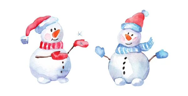 Akvarel Veselé Vánoce Sada Postav Sněhuláků Ilustrace Zimní Dovolená Karikatura — Stock fotografie