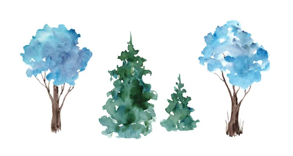 一套白色背景上覆盖着积雪的冬季蓝树的水彩画 圣诞森林 — 图库照片