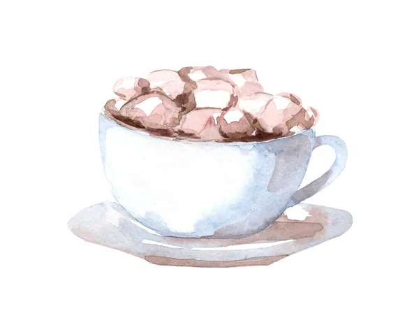 Kubek Gorącym Kakao Słodycz Izolowane Białym Tle Ilustracja Akwareli Pianki — Zdjęcie stockowe