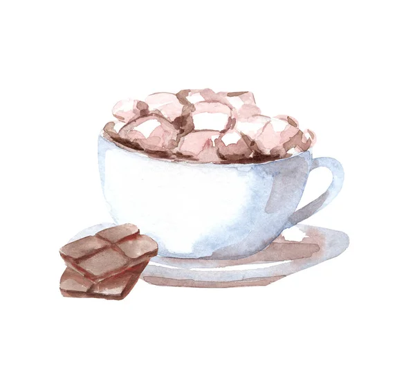 Illustration Aquarelle Une Tasse Cacao Une Tranche Chocolat Noir Amer — Photo