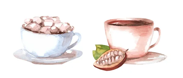 Ensemble Illustrations Aquarelles Cacao Tasses Céramique Avec Boisson Chaude Fèves — Photo