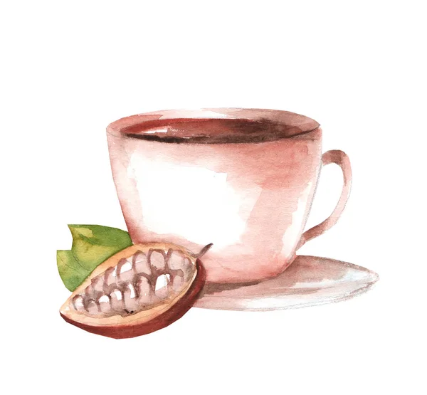 Akvarelové Ilustrace Kakaových Bobů Hrnečku Horkým Kakaem Izolovaným Bílém Pozadí — Stock fotografie