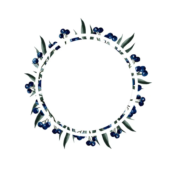 Marco Redondo Acuarela Con Hojas Azules Azules Plantas Invierno Diseño — Foto de Stock