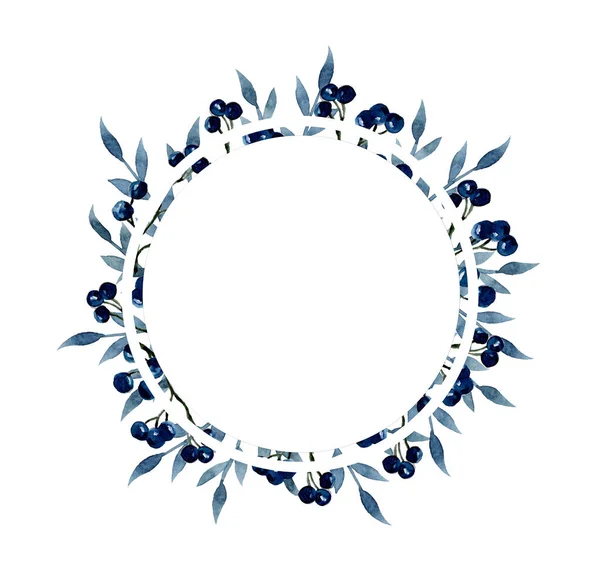Aquarelle Cadre Rond Avec Des Feuilles Bleues Bleues Plantes Hiver — Photo