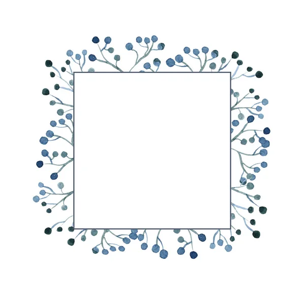 青と青の葉と水彩の正方形のフレーム 冬の植物 デザイン テキストのためのフリースペース — ストック写真