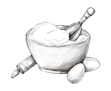 Bir kase unun grafiksel çizimi. Hamur için tahta oklavalar, tavuk yumurtaları. El çizimi illüstrasyon