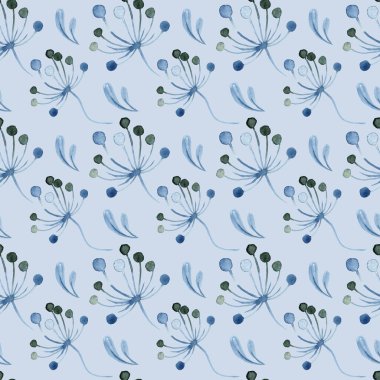 Suluboya mavi desen. Dallar, yapraklar ve çiçekler. Kış ve bahar bitkileri. El çizimi illüstrasyon