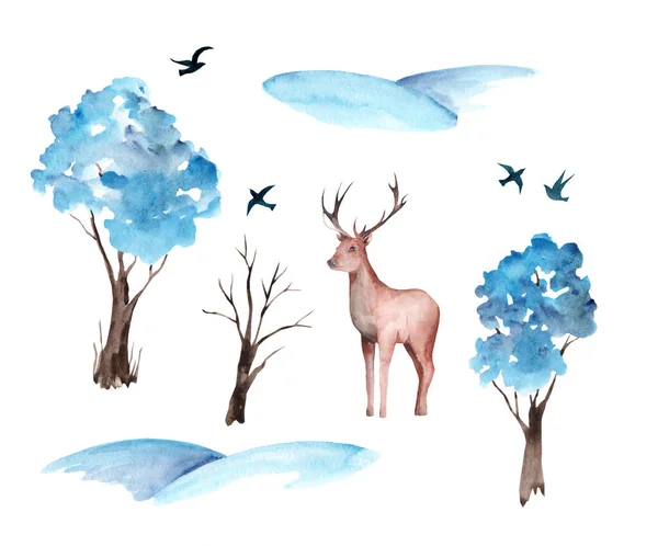 Uppsättning Söta Akvarell Vinter Illustrationer Snödrivor Snötäckta Träd Renar Fåglar Royaltyfria Stockbilder