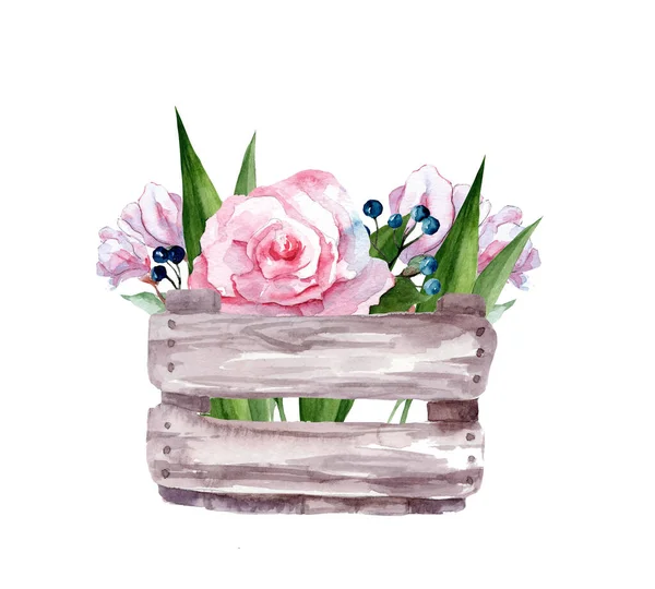 Akvarell Illustration Trälåda Med Blommor Rosa Rosor Och Magnolier Vår — Stockfoto