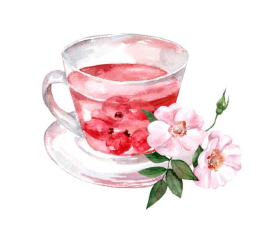 Beyaz arka planda çay olan cam bardak. Suluboya el çizimi çizimi. Yeşil, siyah, bitkisel ve gül çayı.