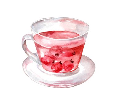 Beyaz arka planda çay olan cam bardak. Suluboya el çizimi çizimi. Yeşil, siyah, bitkisel ve gül çayı.