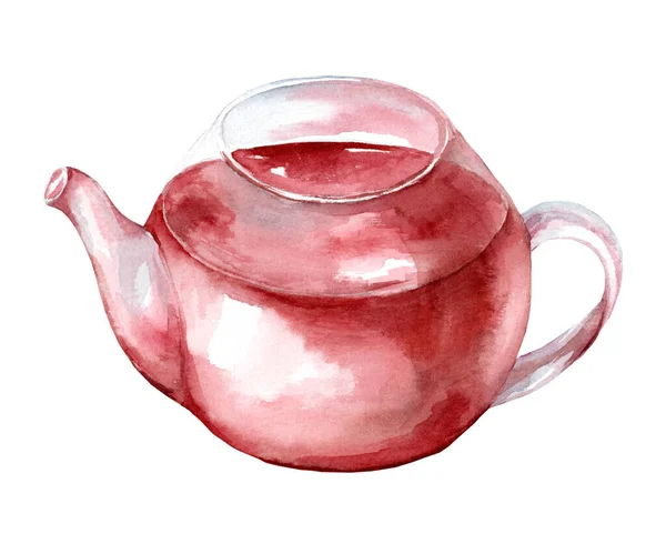 Glazen Theepot Met Thee Geïsoleerd Witte Achtergrond Aquarel Hand Getekend — Stockfoto