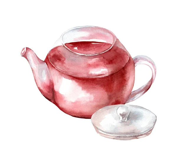 玻璃壶与茶隔离在白色的背景 水彩画手绘插图 香草茶和玫瑰茶 图库照片