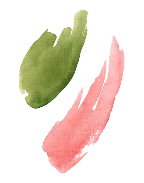 摘要白色背景下的绿色和粉色水彩画 彩色飞溅在纸上 手绘插图 图库图片