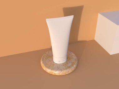 3 boyutlu güneş kremi şişesi kozmetik moda losyonu sıvı tüp ürün ambalajı ve arka planda uzun gölge. Güzellik cildindeki mermer tabaklar sağlık hizmetleri konsepti. 