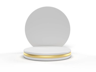 3D gerçekçi minimalist podyumu ürün sergisi için hazırlıyor. Altın çemberli süzülen ışık sahnesi.
