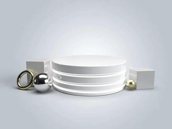 3 boyutlu gerçekçi minimalist podyum ve ürün sergisi. Geometrik platformlu ışık sahnesi.