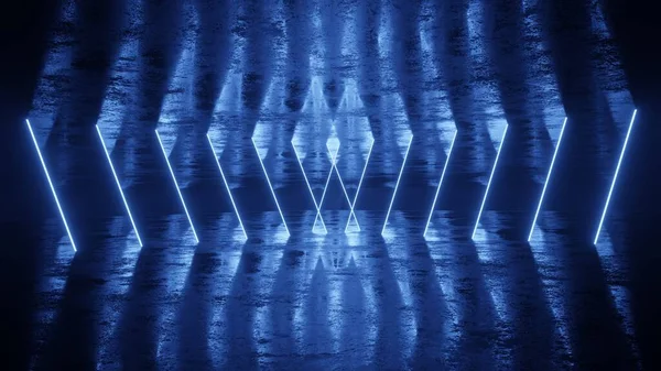 科幻未来派尼昂领导的激光照亮现代空旷的暗振动蓝紫色粉红发光舞台彩灯反射曲柄混凝土俱乐部三维渲染室 — 图库照片