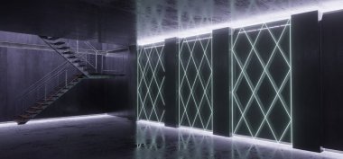 Bilimci Kurgu Parlak Karanlık Stüdyo Stüdyo Showroom Yansıtıcı Grunge Beton Parlak Oda Tüneli Boş Alan Arkaplanı 3D
